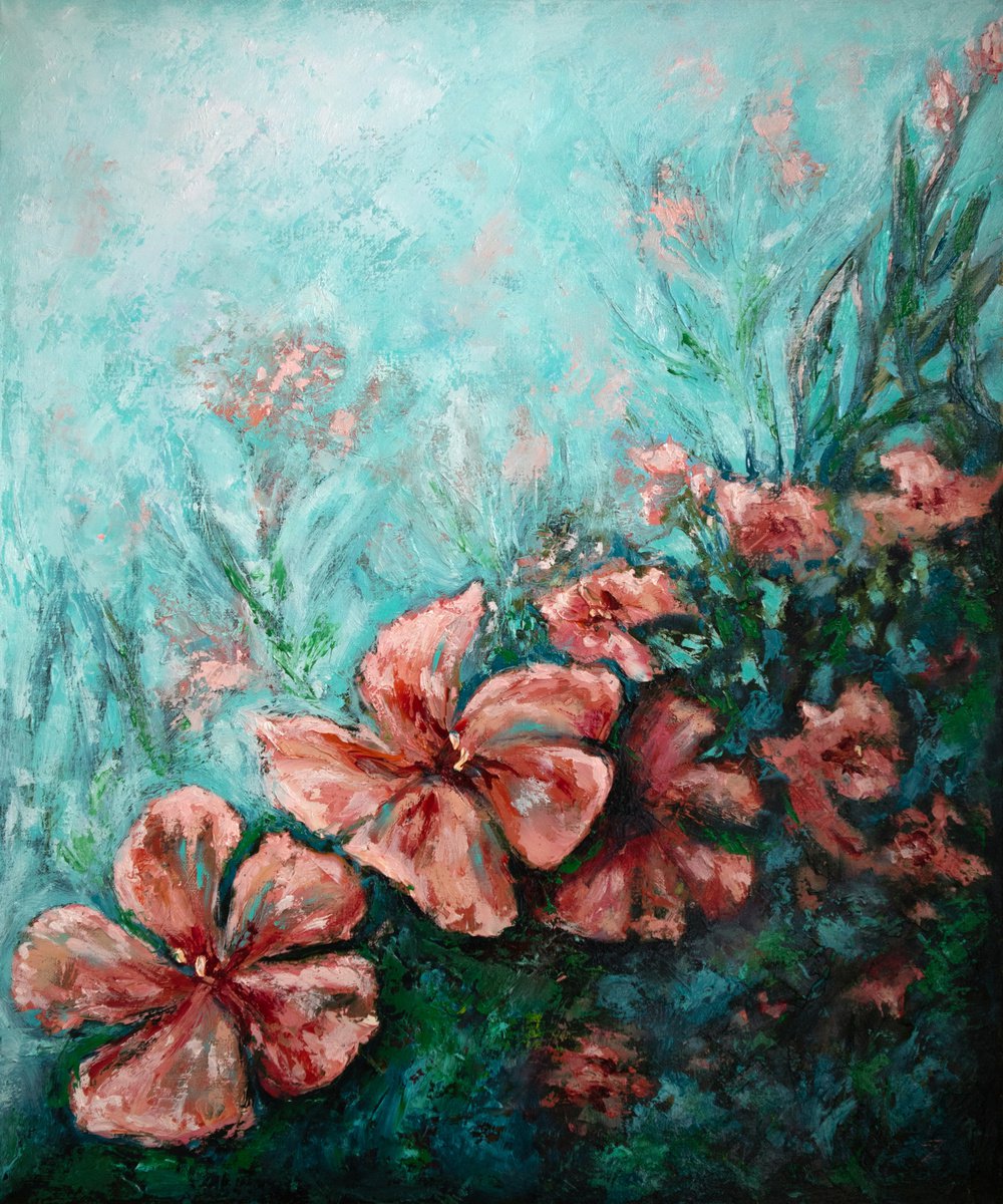 Coral oleanders | 50*60 cm | impasto volumetric oil painting of flowers by Lada Ziangirova