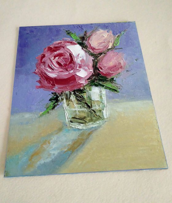 Pink Roses Painting Original Art Floral Bouquet Flower Artwork Small Wall Art