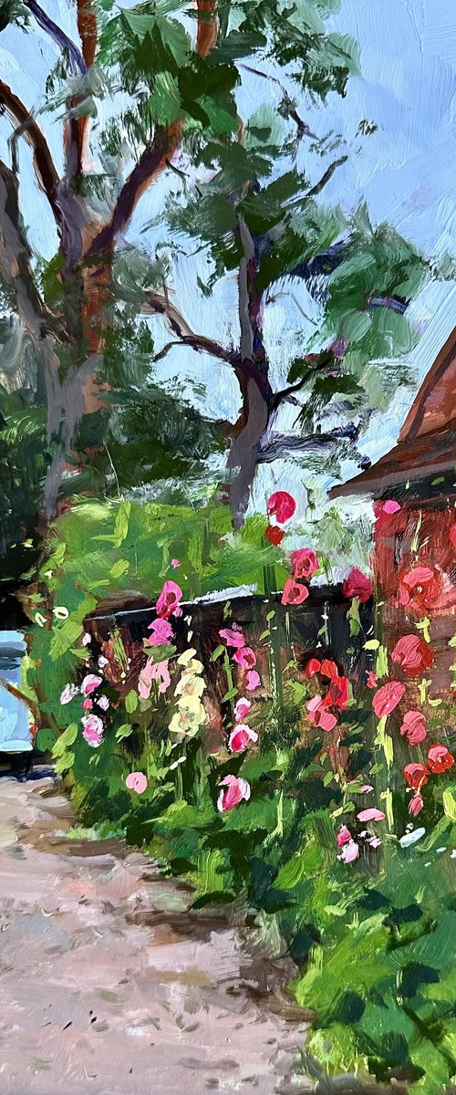 Hollyhocks and blue car by Toni Swiffen