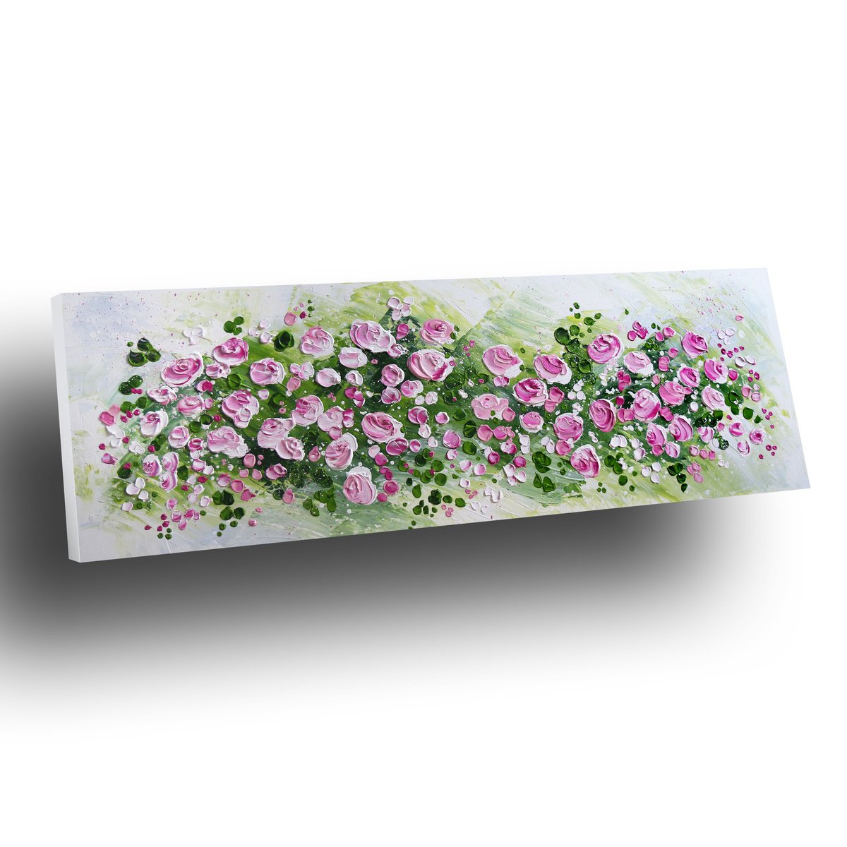 Impressionistic Botanical Acrylic Painting By Inez Froehlich, 59 X 20, Pink Roses, Original Artwork