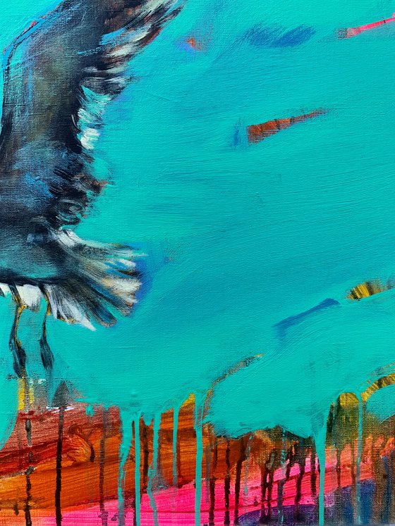 Bright painting - "Near the sea" - Pop Art - Bird - Sea - Ocean - Seagull - Sunset
