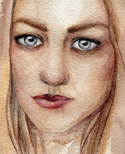 Watercolor portrait of blond woman by Liliya Rodnikova