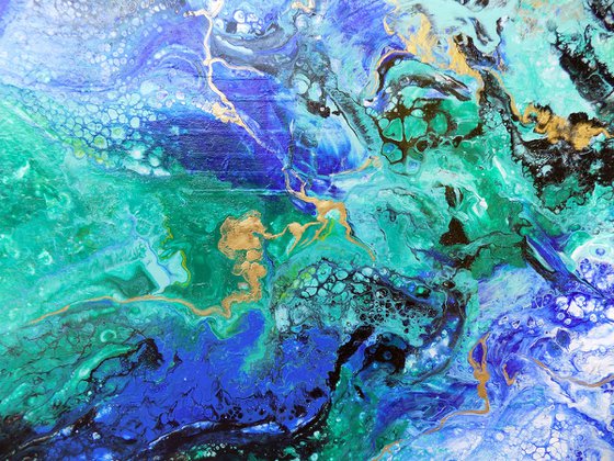 Modern abstract art blue green gold metallic painting, Summer vibes