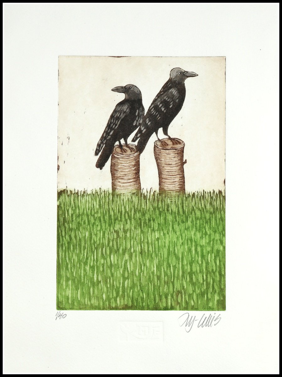 Illustrative Animal Etchings & Engravings By Mariann Johansen-Ellis, 10 X 15", Two Crows, Original Artwork