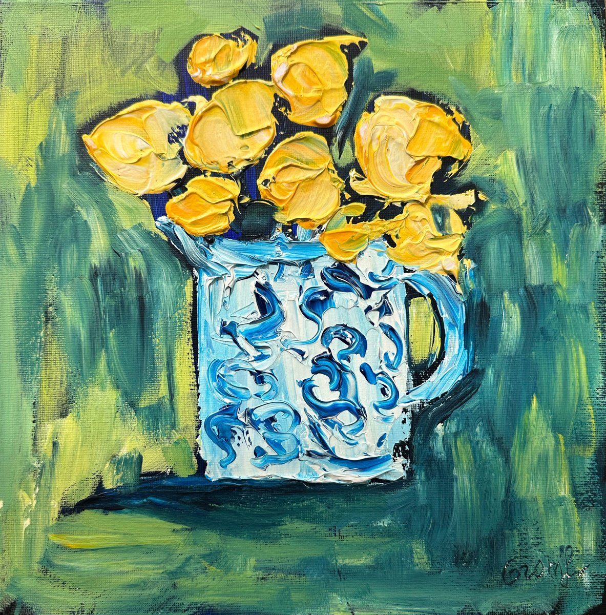 Impressionistic Botanical Acrylic Painting By Oksana Fedorova, 10 X 10", Yellow Flowers, Original Artwork