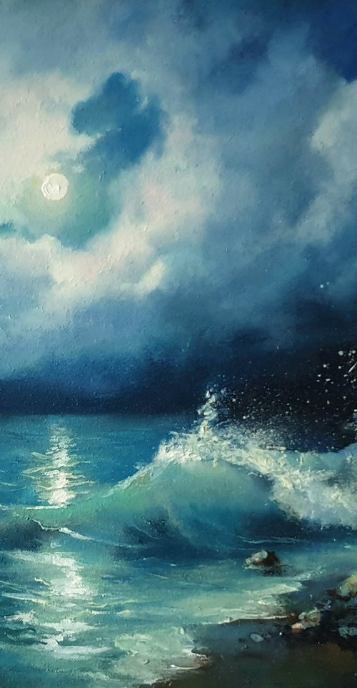 "Night sea." seascape sea night liGHt original painting  GIFT (2020) by Anna Bessonova (Kotelnik)