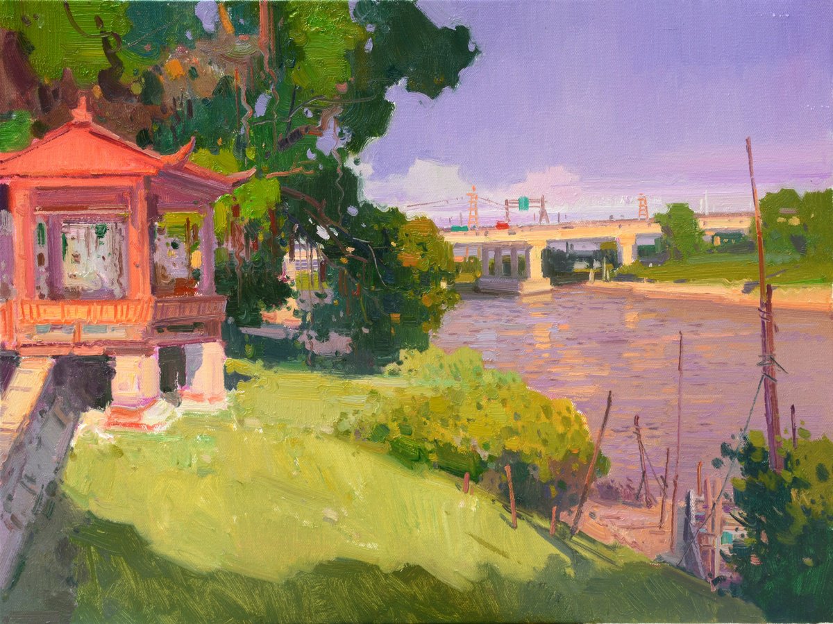 Impressionistic Landscape Oil Painting By Jianzhe Chon, 31 X 24, Garden In The Town 234, Original Artwork