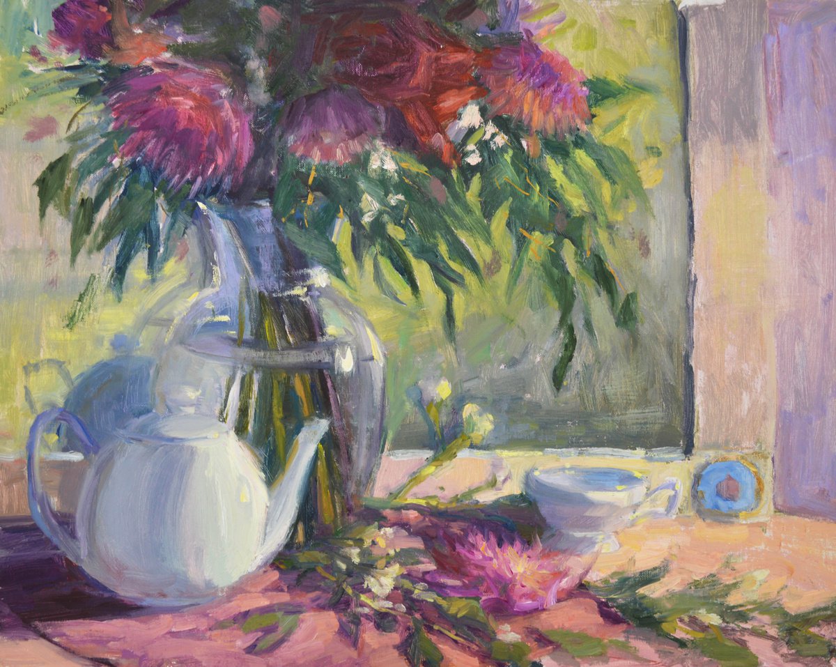 Impressionistic Still Life Oil Painting By Kristina Sellers, 20 X 16", Tea And Dahlias, Original Artwork