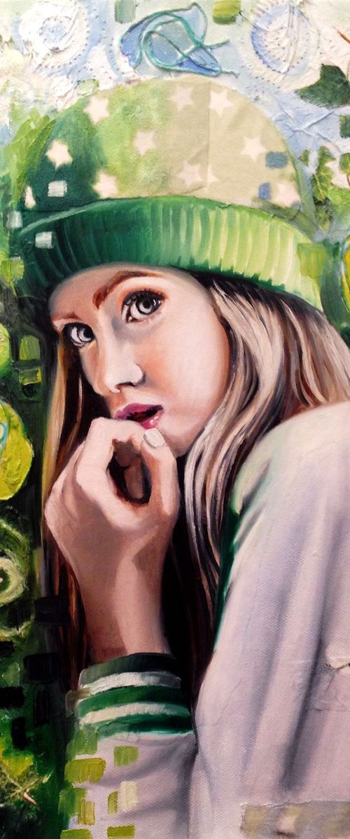 Green hat - original painting  portrait- 40 x 40 cm (16'x16') by Valentina Toma' aka Zoe Chigi