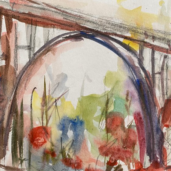 Abstract bridge with flowers Landscape 1 Framed