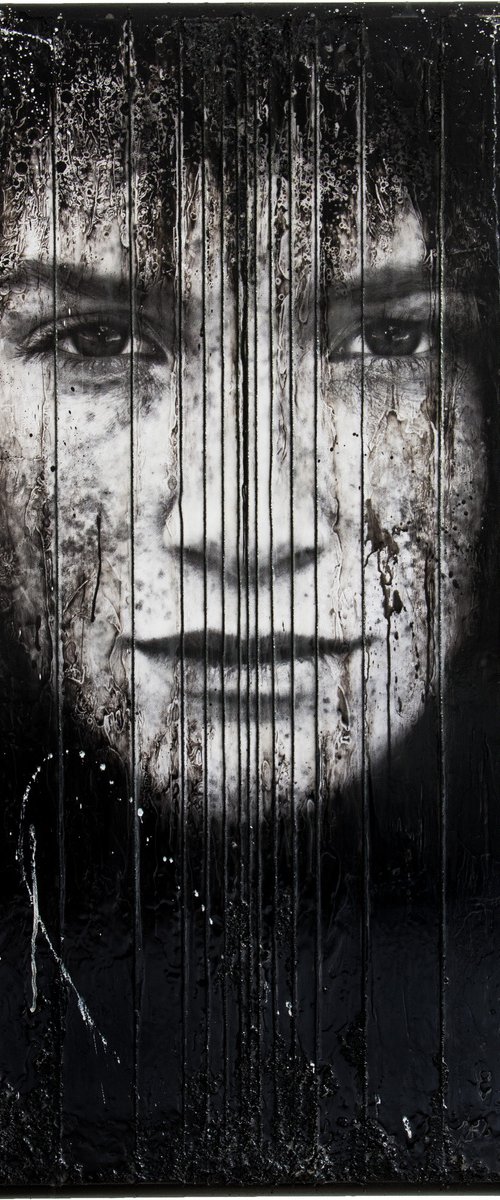 "Forever Changeless" (XXL artwork 125x65x2 cm) - Unique portrait artwork on old tabletop (abstract, portrait, original, resin, beeswax, painting) by Rouzbeh Tahmassian
