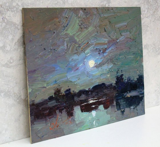 Oil painting, Sunset art, River Landscape, lake art, Impasto painting, Small artwork, Lake art painting, Housewarming gift first home