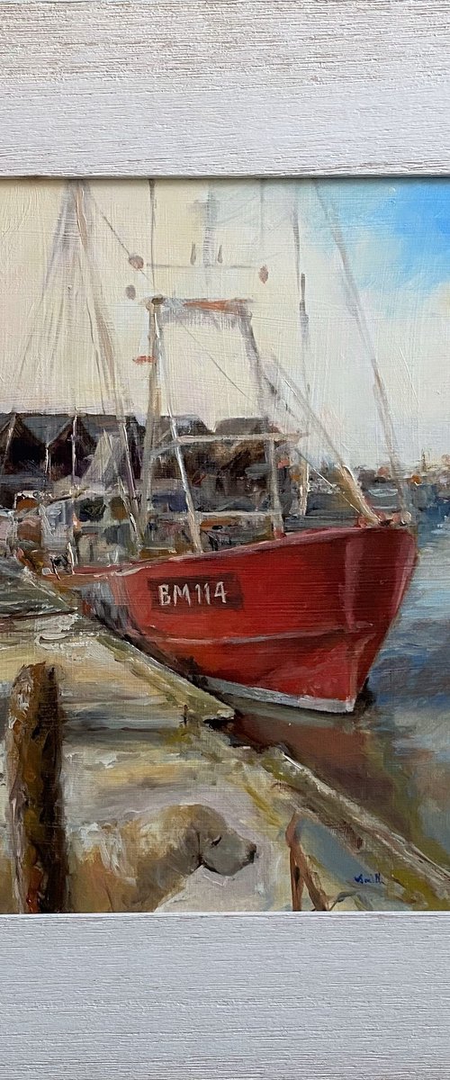 Red Boat; Whitstable Harbour-Impressionist oil painting. by Jackie Smith