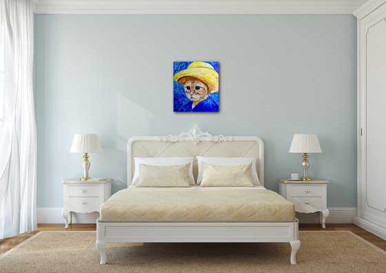 Cat La Van Gogh in a straw hat modern oil painting feline art Van Gogh influence art for animal lovers