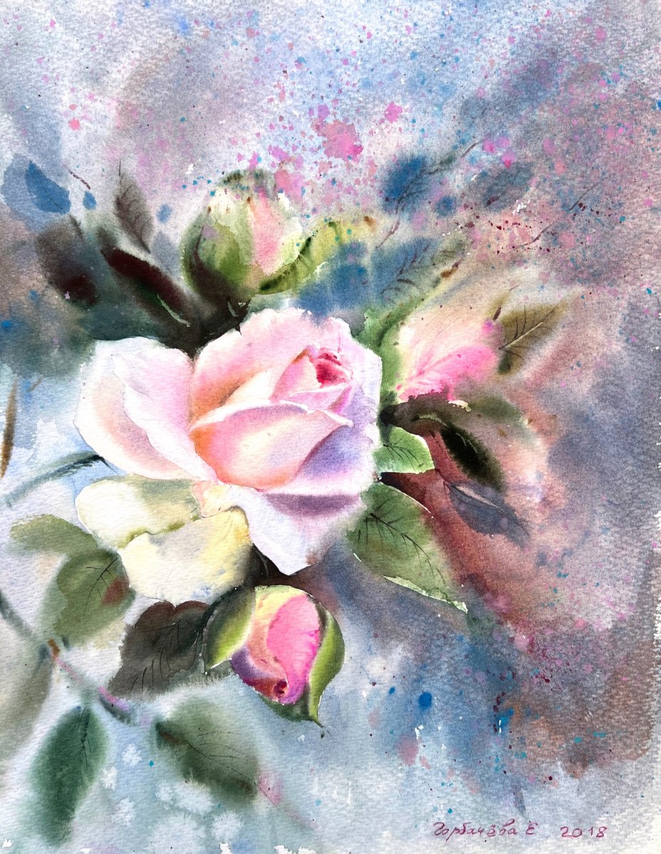Impressionistic Botanical Watercolour By Eugenia Gorbacheva, 12 X 16, Rose, Original Artwork