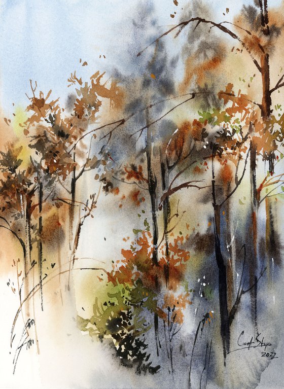 Forest Landscape Nature Watercolor Painting, Trees Painting