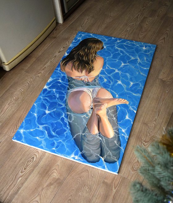 "My sweet august" -  100 x 60 cm / woman in pool, photorealism, water, summer, realistic, swimmer