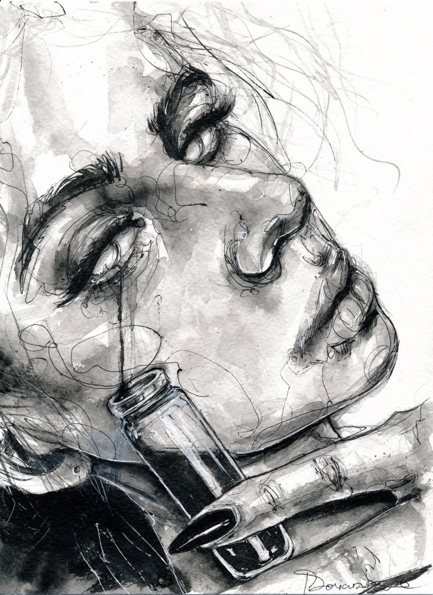 Expressive Portrait Ink Drawing By Doriana Popa, 7 X 9, Bottle With Tears, Original Artwork