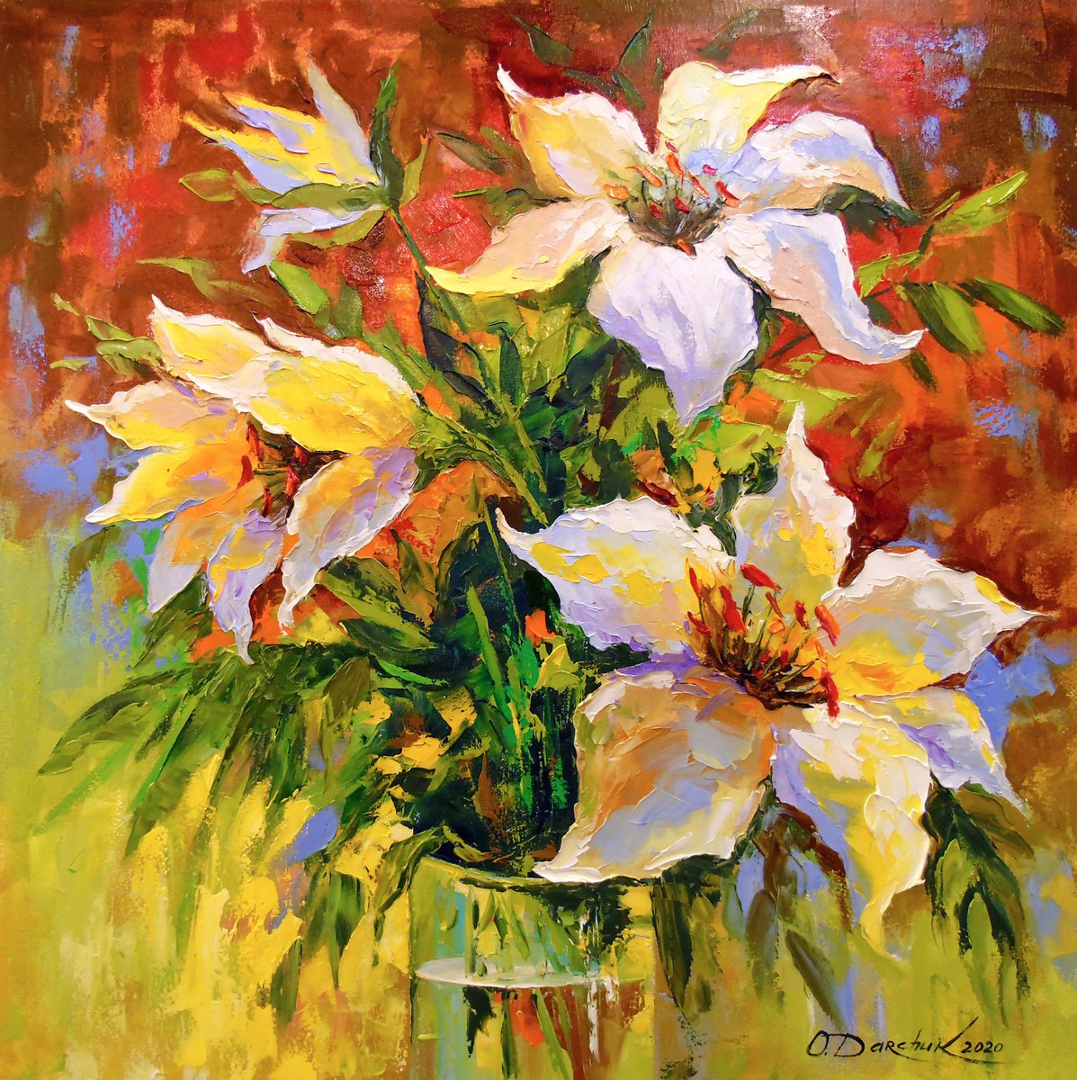 Impressionistic Botanical Oil Painting By Olha Darchuk, 28 X 28", Bouquet Of Lilies, Original Artwork