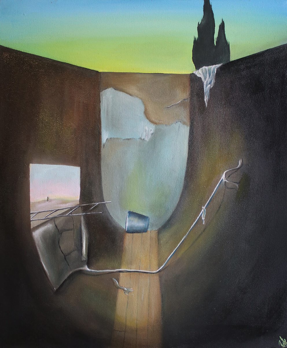 Surrealistic Cityscapes Oil Painting By Vanessa T Stefanova, 20 X 26", Suez Hijacked, Original Artwork