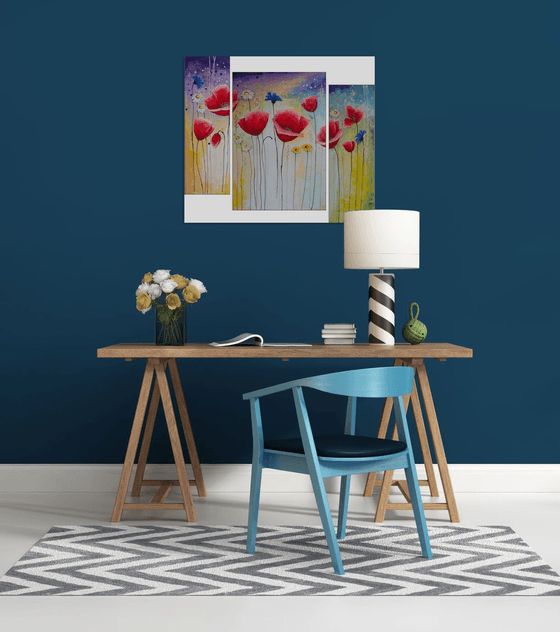 Abstract red poppies (20x60 40x60 20x60cm, acrylic painting, ready to hang)