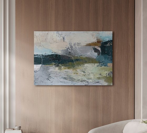 "Fall 5" Gray teal green abstract acrylic art
