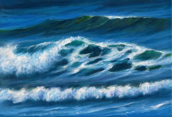 Splashing Wave - Painting Ocean Original Art Seascape Artwork California Wall Art Small Painting 12" by 8"