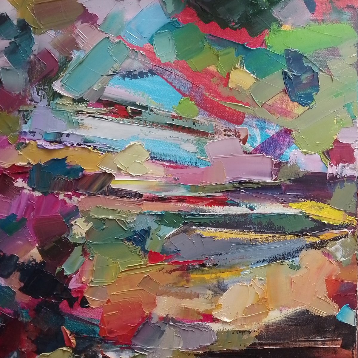 Abstract Landscape Oil Painting By Valentyna Sokolovska, 16 X 16", Evening Carpathian Field, Original Artwork