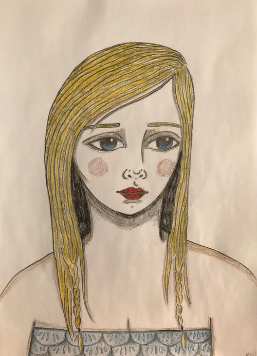 Portrait with Plaits - Original Mixed Media Drawing by Kitty  Cooper