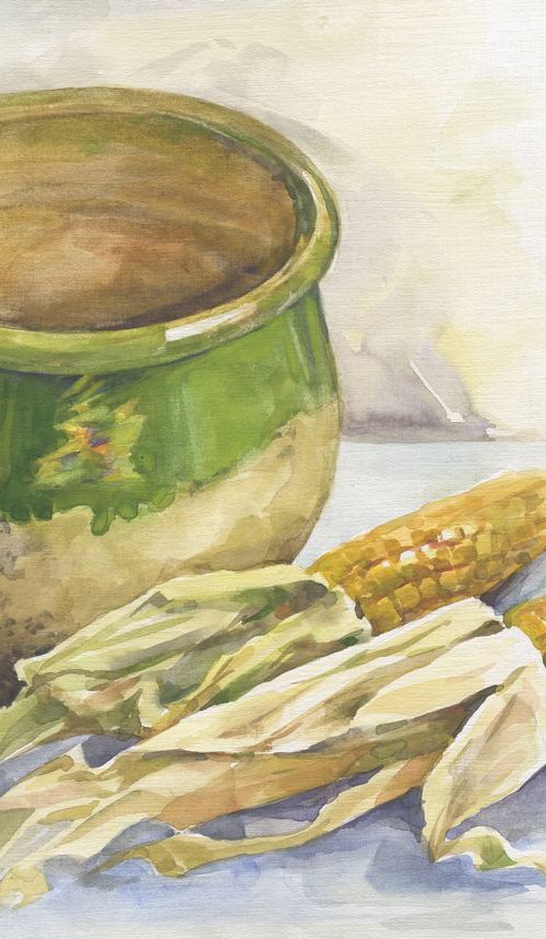 Still life with an old green pot / Kitchen watercolor Corn painting by Olha Malko