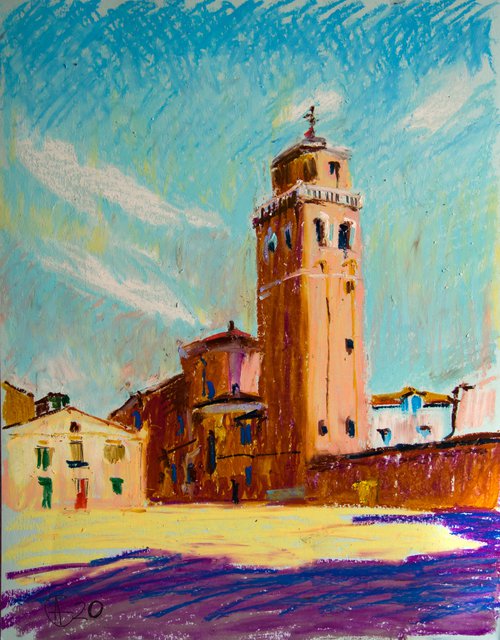 Venezian yard. Dreams about Italy series. Oil pastel painting. Original red brick venice italy old town tower urban street landscape interior decor small by Sasha Romm