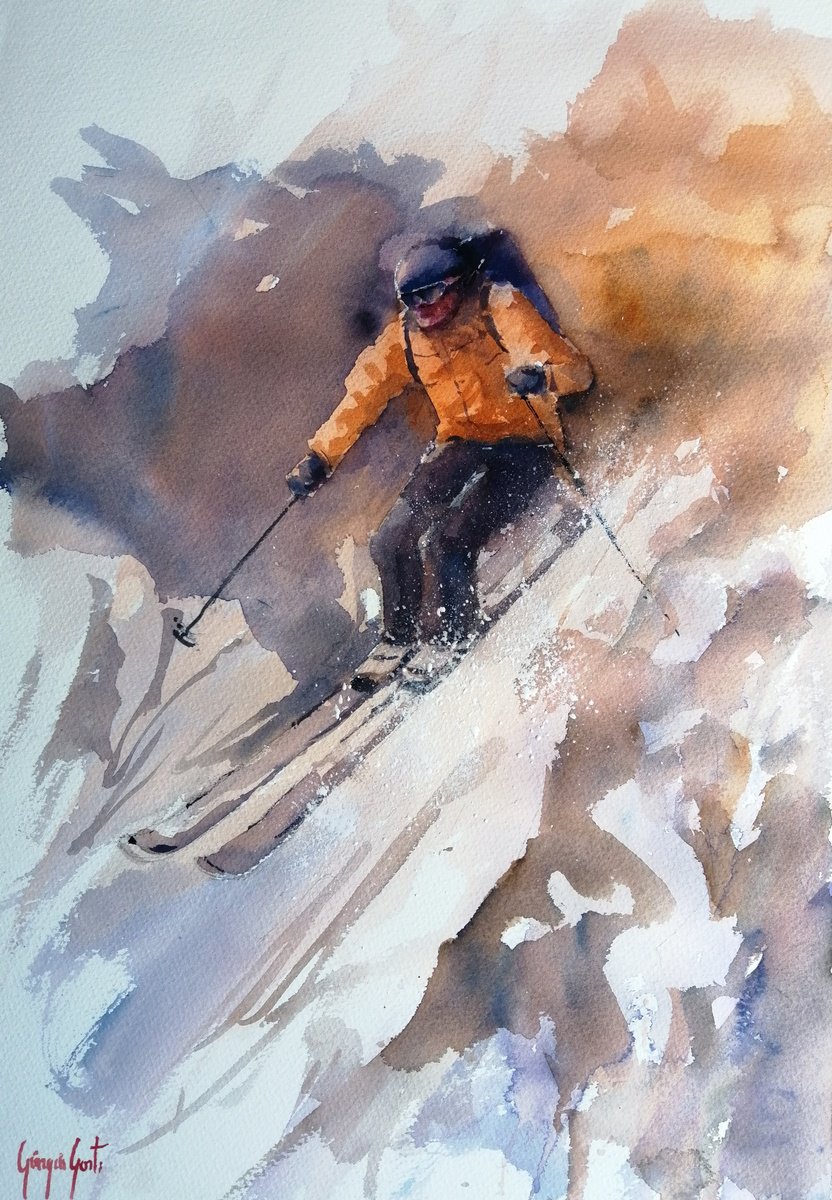 Impressionistic Watercolour , The Skier 12 By Giorgio Gosti, 14 X 21, Artwork For Sale On Artfinder