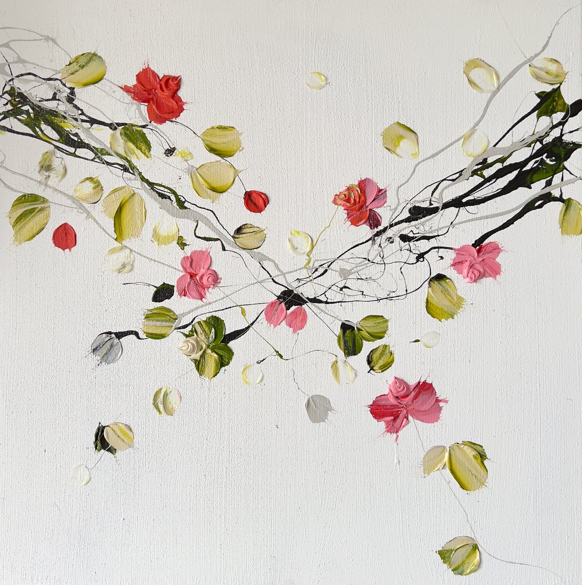 Square acrylic structure painting with flowers Entwined 60x60x2cm, mixed media by Anastassia Skopp