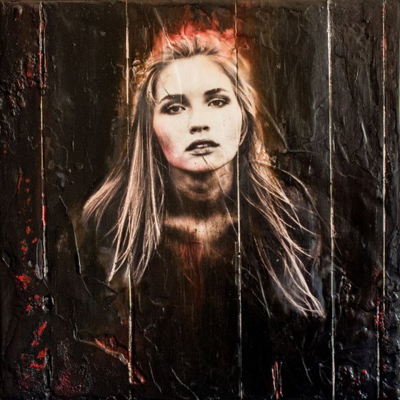 "Breakthrough" (30x30x2,5cm) - Unique portrait artwork on wood (abstract, portrait, original, beeswax, damarresin, oil, acrylic, painting, structures)