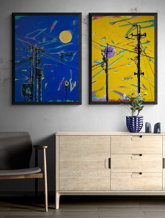 Urban painting - "Ukrainian electricity" - Pop art - Bright - Street art - Diptych - Electric pole - Urban - Sunset