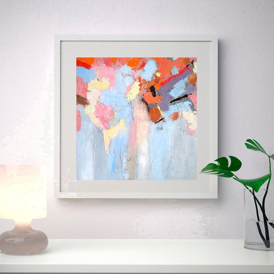 Abstract N 2, Abstract Painting Small Original Art Blue Pink Orange Artwork Multicolor Geometric Wall Art 10 by 10