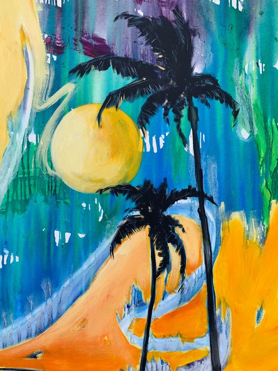 Bright sunset - "California sunset" - Pop Art - Palms - Old school car - Miami - Ocean - Seascape