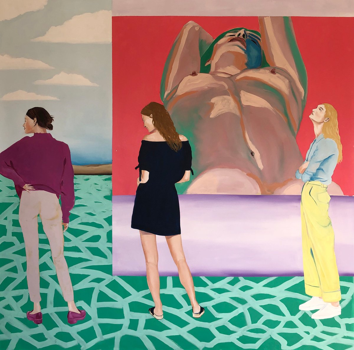 Urban And Pop Portrait Oil Painting By Kujbus Janos, 59 X 59", Next To You, Original Artwork