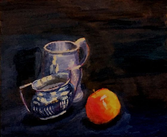 Still life oil painting of pewter tankard, a silver bowl and an apple! Colourful!