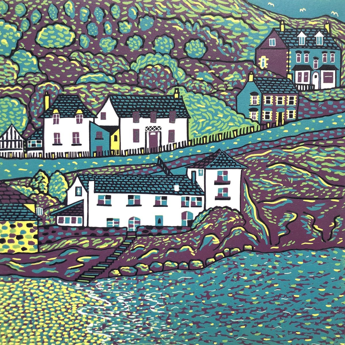 Illustrative Landscape Linocut By Nathalie Pymm Art, 12 X 12", View From The Platt, Original Artwork