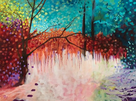 L'hiver s'achève - Large original acrylic and crayons painting - Ready to hang