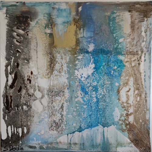 Abstract acrylic pigments  & film plastic 100x100 by Sylvie Dodin