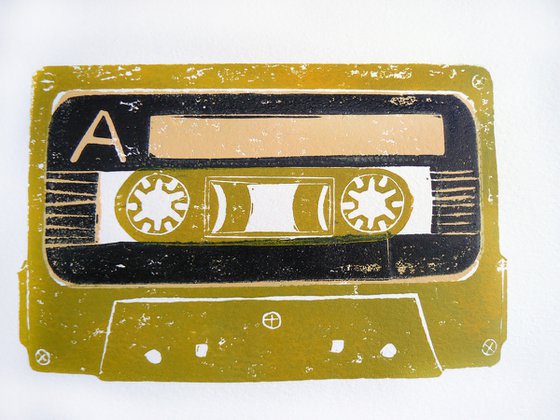 Linocut tapes #9 (cassette tapes, retro music, 70's, 80's rock culture)