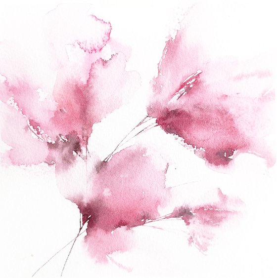 Pink abstract flowers, small watercolor painting