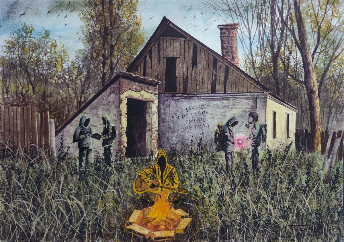 Photorealistic Watercolour , S.t.a.l.k.e.r. 2 By The Fire By Eugene Gorbachenko, 17 X 12, Artwork For Sale On Artfinder