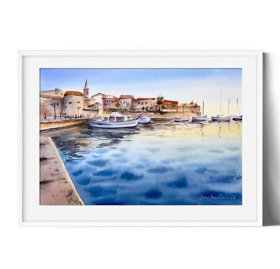 Sardinian Sunset original painting, sea sunset, blue nautical wall decor gift for him
