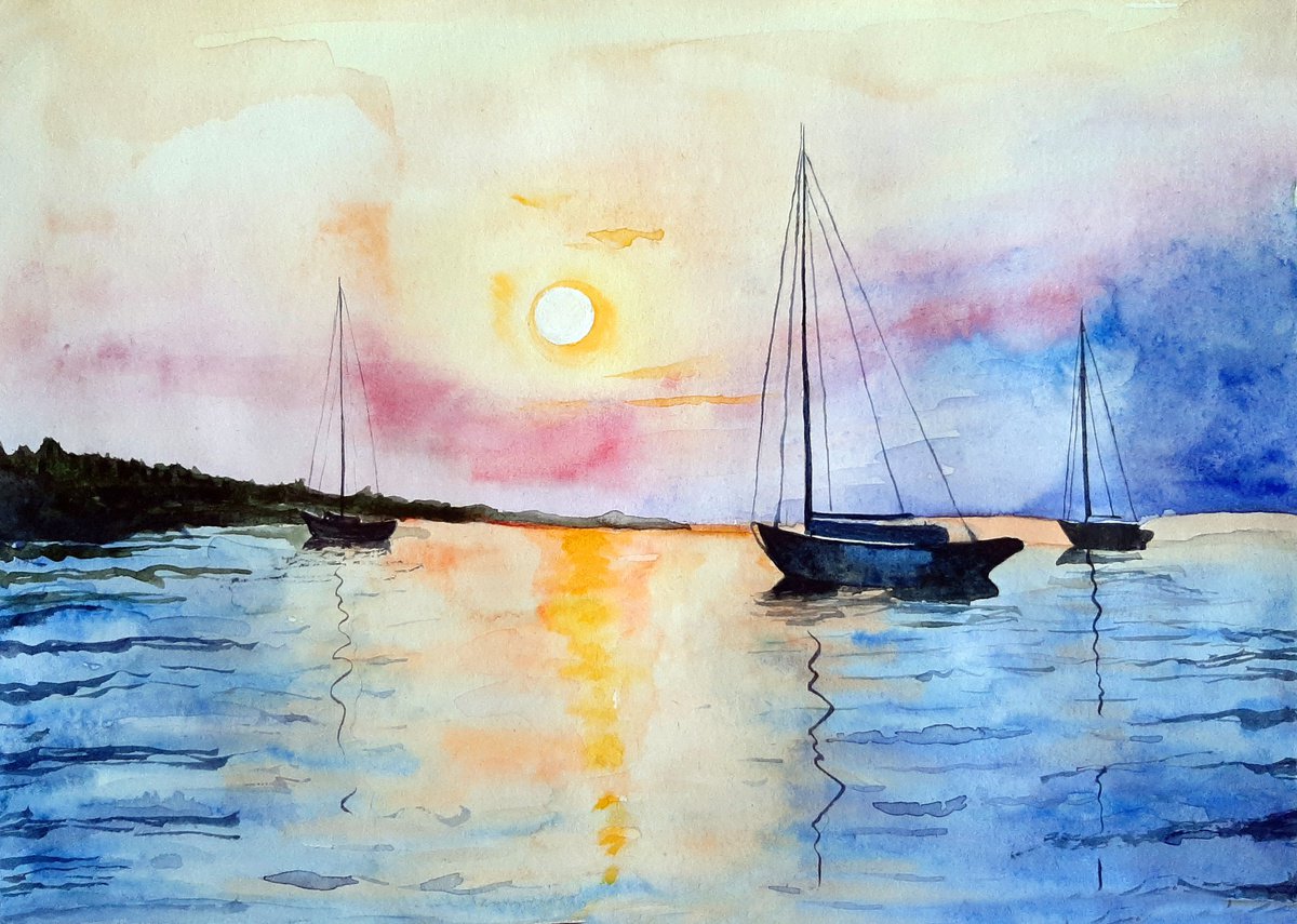 Illustrative Watercolour , Sunrise, Watercolor By Luba Ostroushko, 12 X 16, Artwork For Sale On Artfinder
