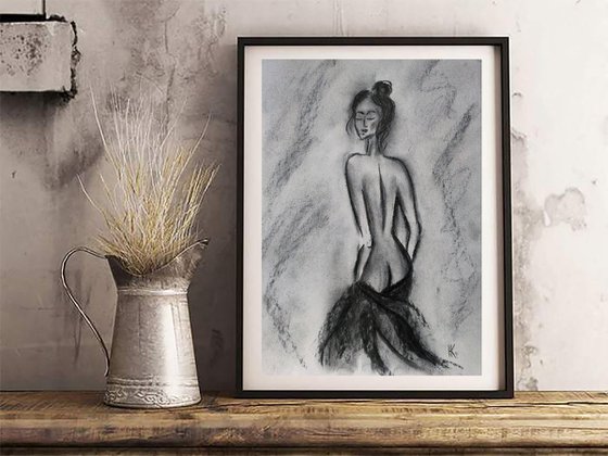 Female Nude Painting Figurative Original Art Woman Standing Nude Drawing Back View Bedroom Bathroom Charcoal Wall Art 12 by 17 inches