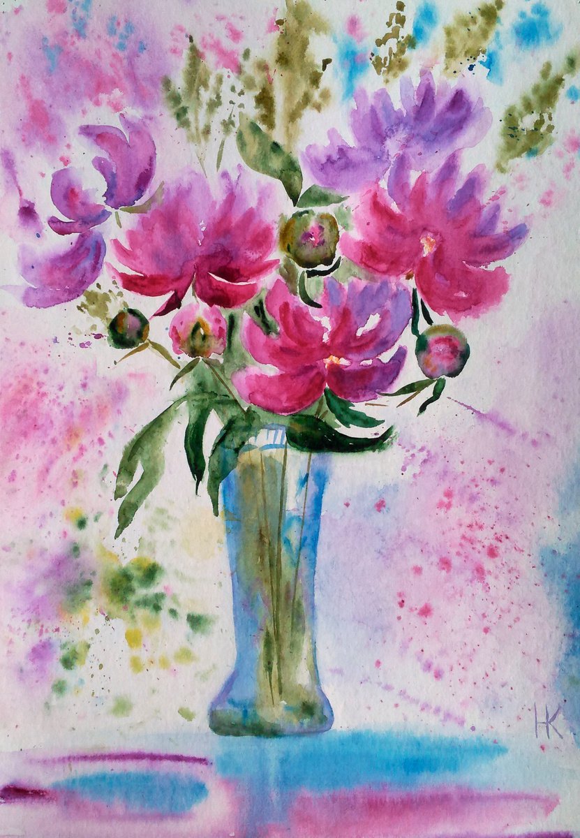 peonies in vase original watercolor painting impressionistic akvarelSummer is coming tomo... by Halyna Kirichenko