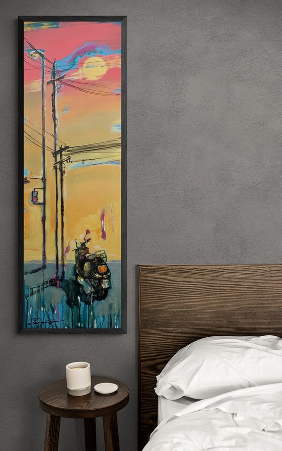 Bright vertical painting - "Sunset in city" - Sunrise - Pop Art - Moped - Expressionism